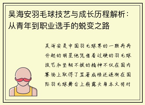 吴海安羽毛球技艺与成长历程解析：从青年到职业选手的蜕变之路